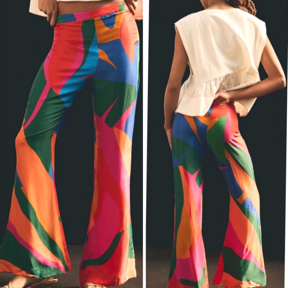 NWT Farm Rio Colorful Abstract Art Leaves Flared Viscose Pants Anthropologie - Picture 9 of 9
